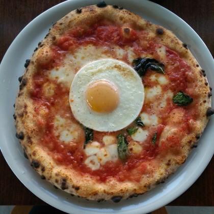 An egg on Margarita pizza at Vignette at the Barlow in Sebastopol