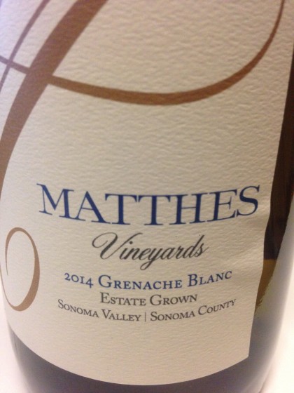 Matthes Vineyard Grenache Blanc 2014, Sonoma Valley, is available by the glass and retails by the bottle for $60 at the girl & the fig 