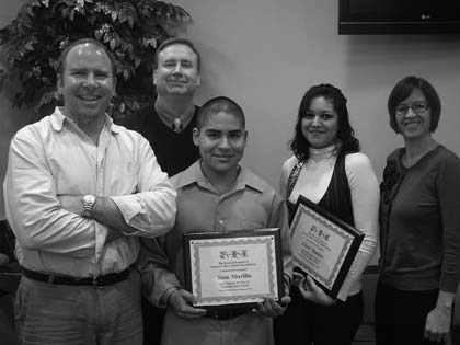 Staff photo Sam Murillo and Lizet Munoz from Creekside School were honored as Students of the Year at Tuesday’s school board meeting.  They are shown here with teacher Walter Williams, Principal, Paul Touhy and (far right) teacher Tracy Dorrance.