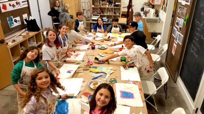 ARTS 2018 Diane Egger-Bovet in Classroom with Prestwood students making paste paper copy