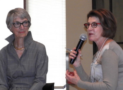 Former Impact100 co-president Wendy Hoffman, right, interviews keynote speaker Colleen Willoughby who is credited with creating the model of collective grant-making. 